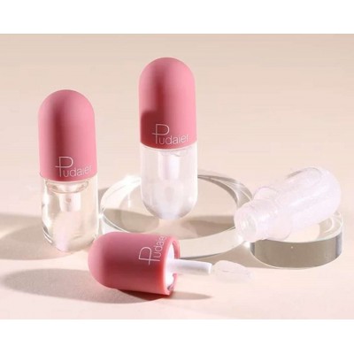 5ml cute capsule shaped pink lip gloss tubes container with lovely heart brush for cosmetic packaging